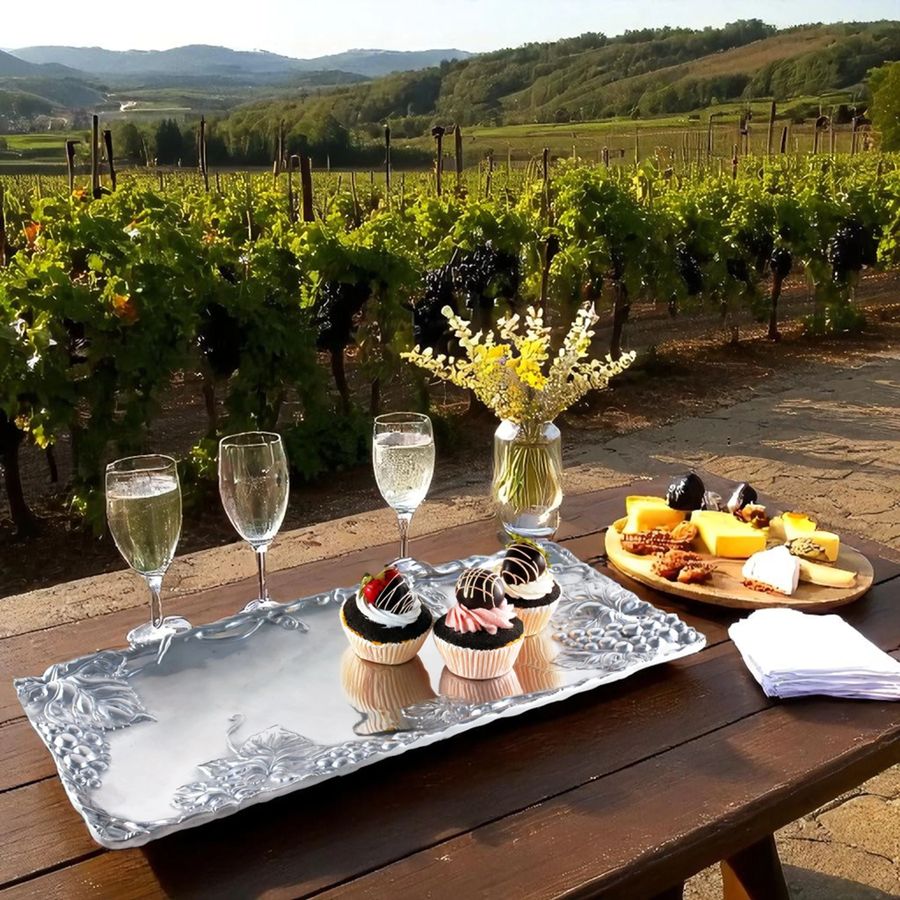 Table with cupcakes, wine glasses, and a platter of snacks in a vineyard setting