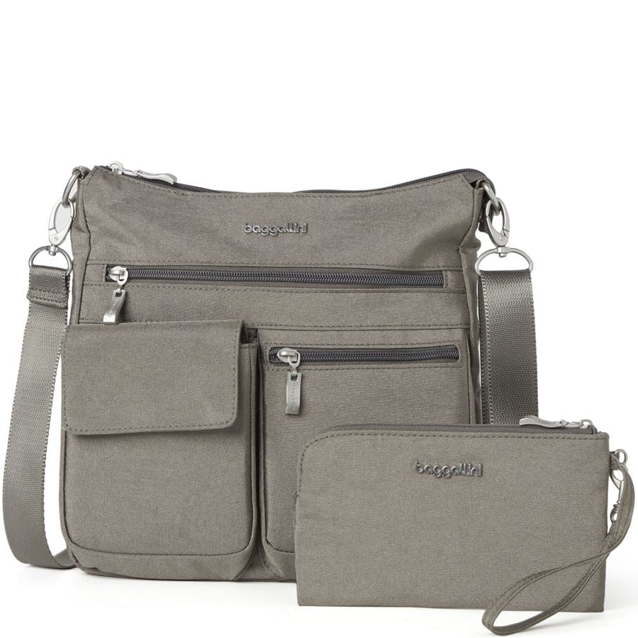 Gray crossbody bag with matching wallet on a white background