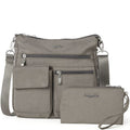 Gray crossbody bag with matching wallet on a white background