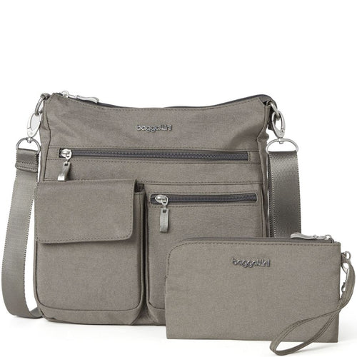 Gray crossbody bag with matching wallet on a white background