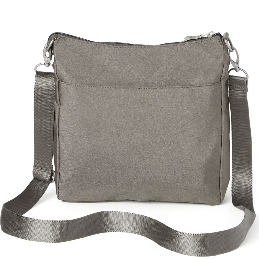 Gray shoulder bag with a long strap on a white background