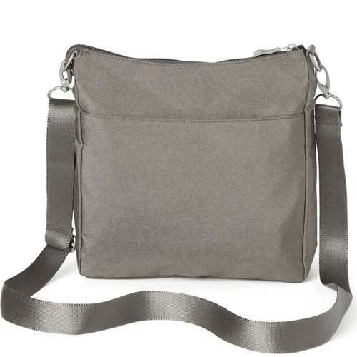 Gray shoulder bag with a long strap on a white background