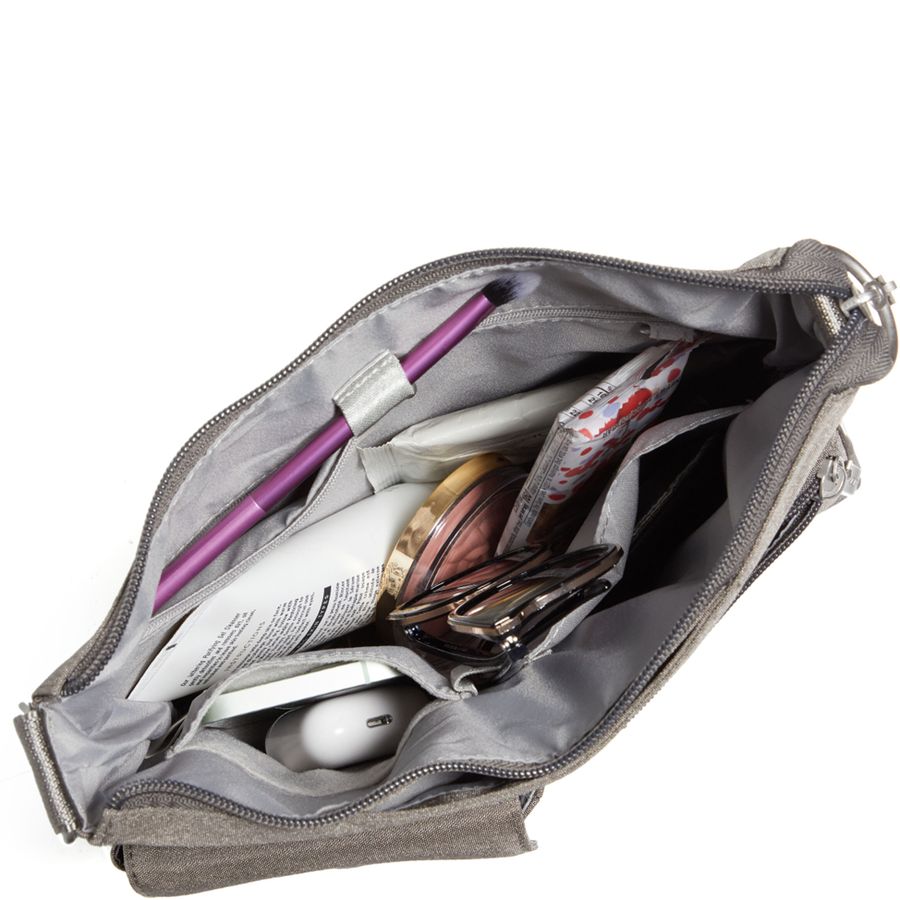 Gray pouch with various items including a purple pen, sunglasses, and a white object on a white background