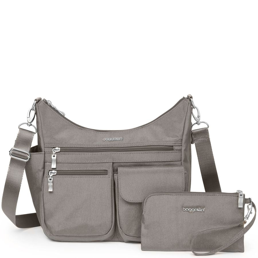 Gray shoulder bag with multiple pockets and a matching wallet on a white background