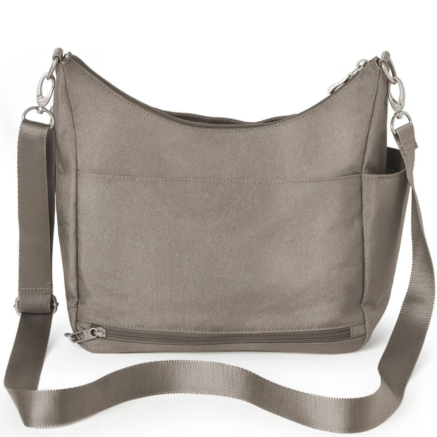Gray shoulder bag with a strap on a white background