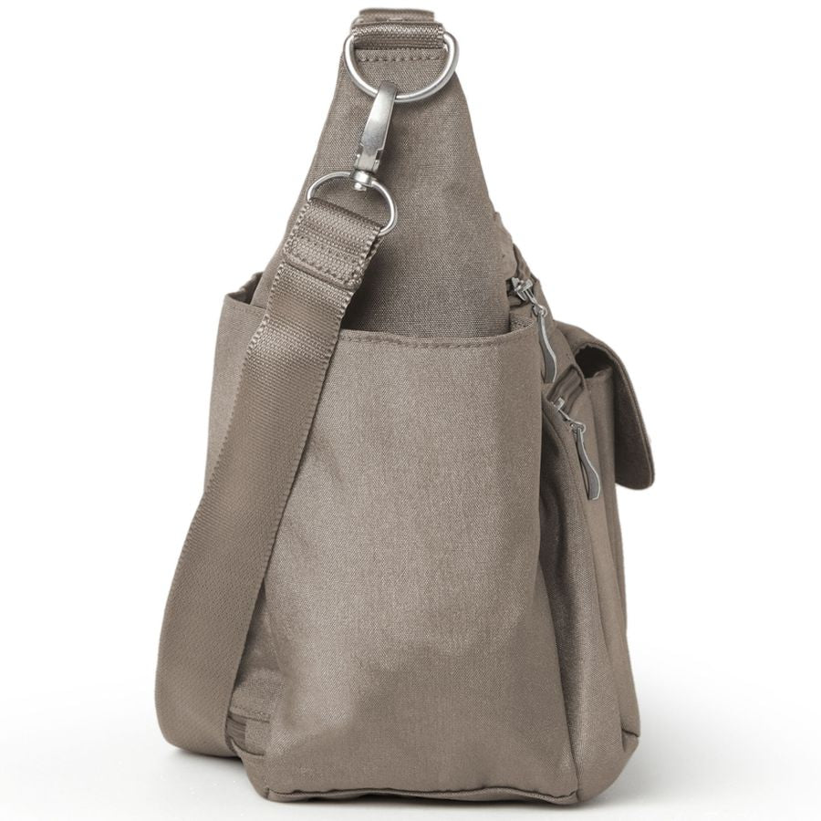 Gray sling bag with a strap on a white background