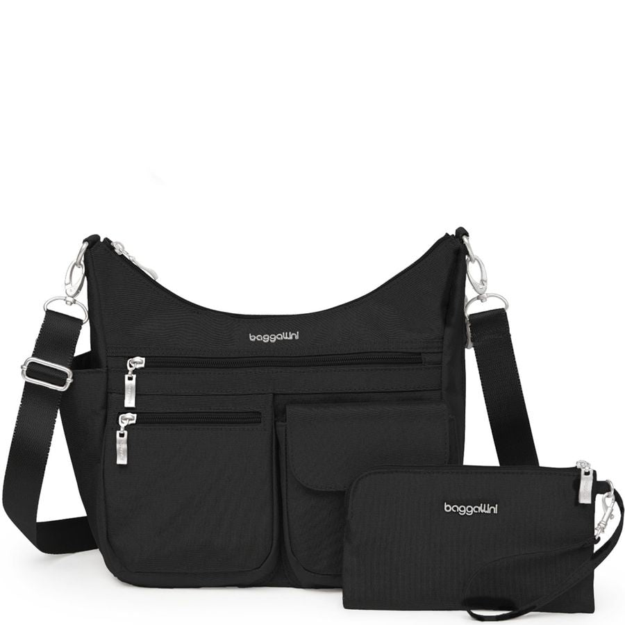 Black handbag with matching wallet on a white background