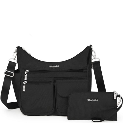 Black handbag with matching wallet on a white background