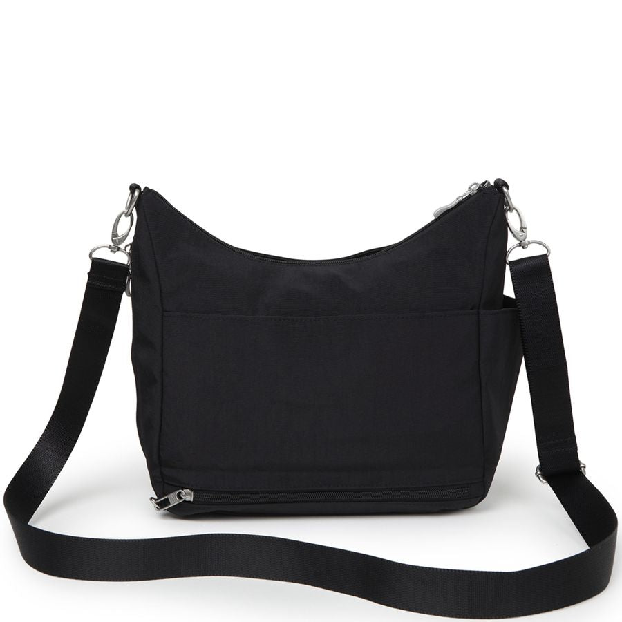 Black shoulder bag with a long strap on a white background