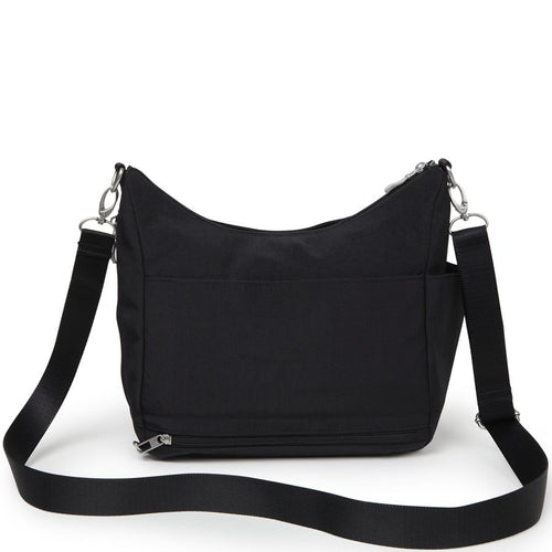 Black shoulder bag with a long strap on a white background
