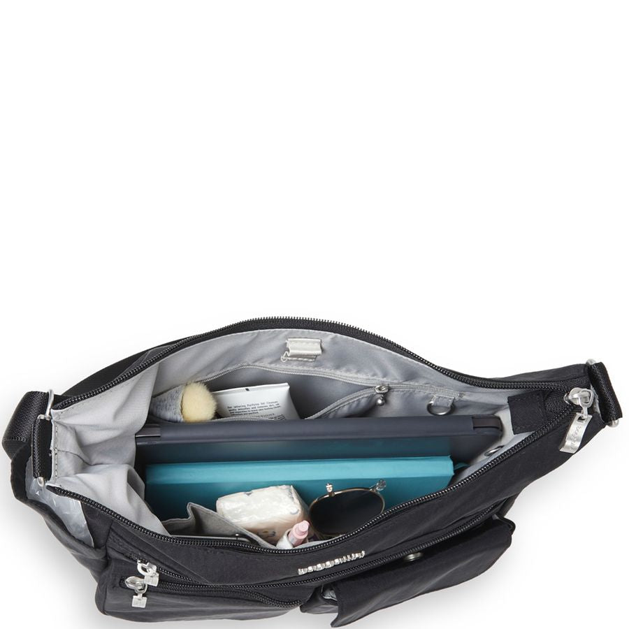 Black bag with compartments on a white background