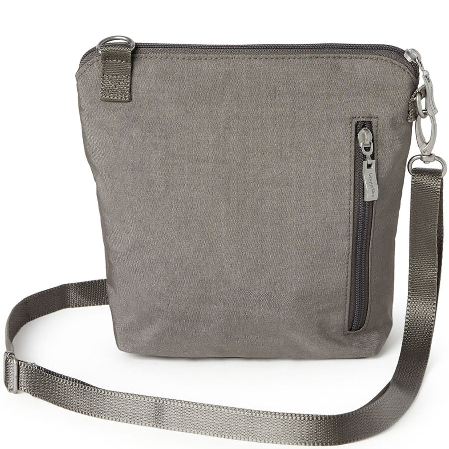 Gray crossbody bag with a strap on a white background