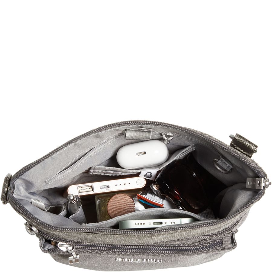 Gray pouch with various items including a camera and electronic devices on a white background
