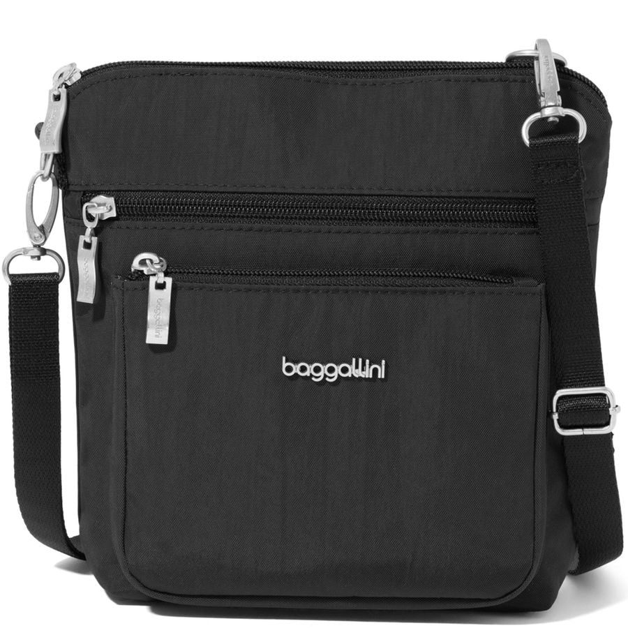 Black crossbody bag with multiple zippers and 'Baggallini' branding on a white background