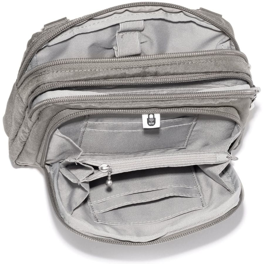 Gray backpack with multiple zippers on a white background