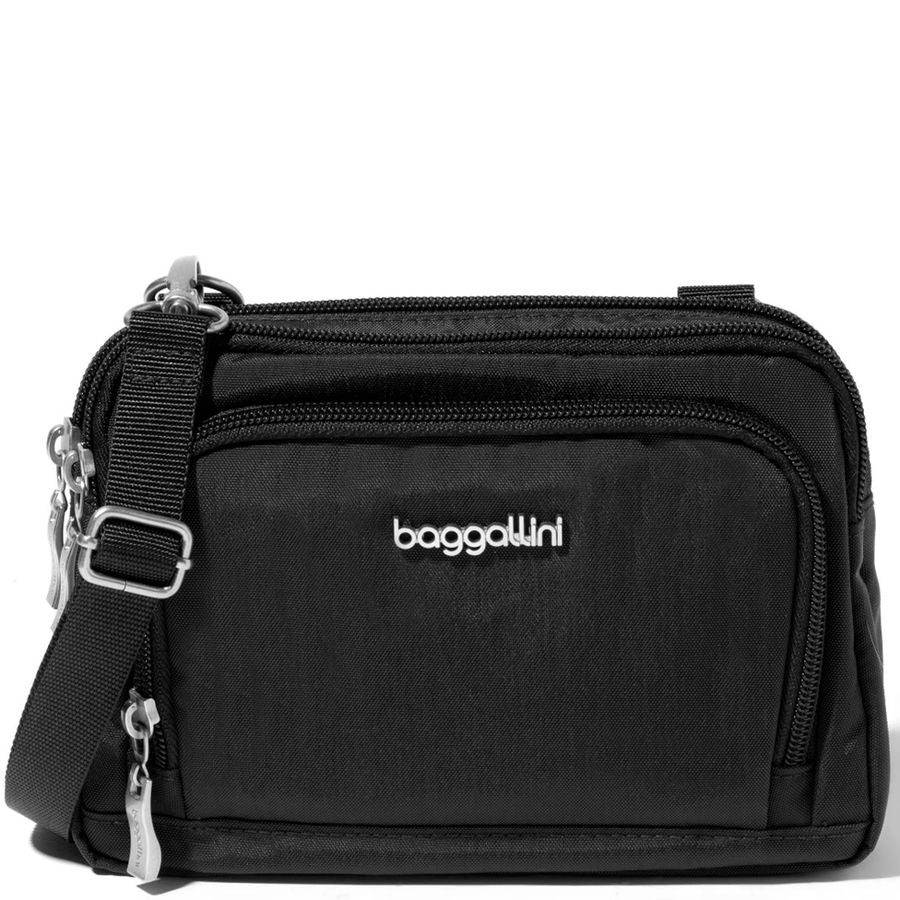Black crossbody bag with 'baggallini' logo on a white background