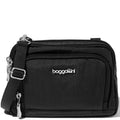 Black crossbody bag with 'baggallini' logo on a white background