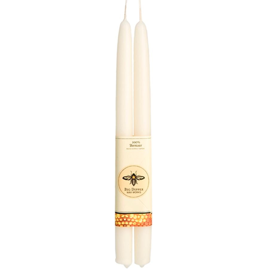 Two white candles with a visible brand logo on a white background