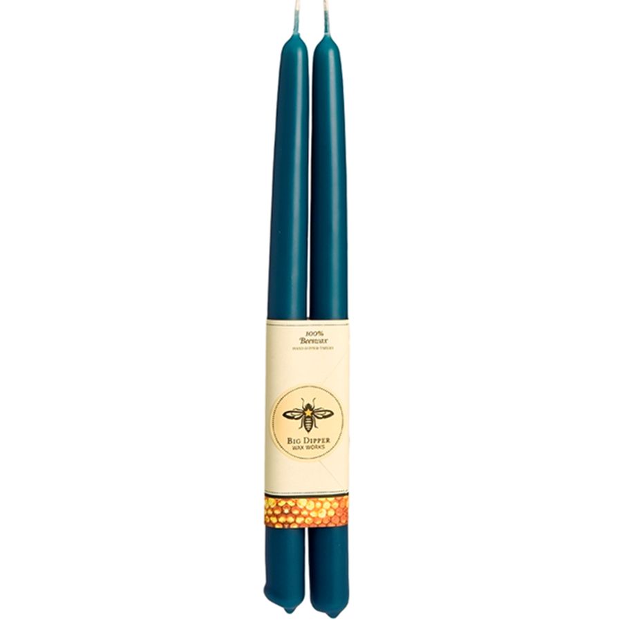 Two teal candles with a label on a white background