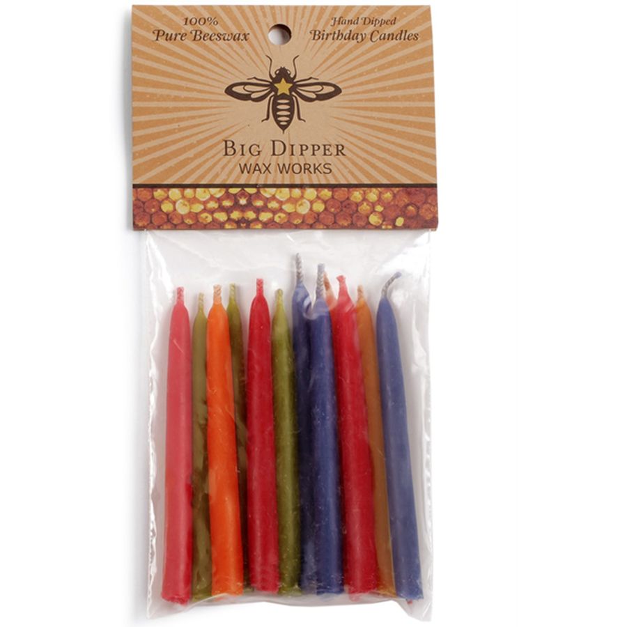 Packaged set of colorful beeswax candles with Big Dipper Wax Works branding.