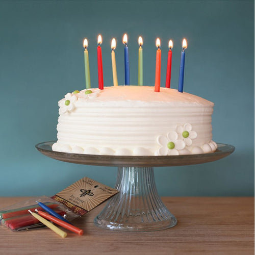 Birthday cake with lit candles on a glass cake stand against a teal background