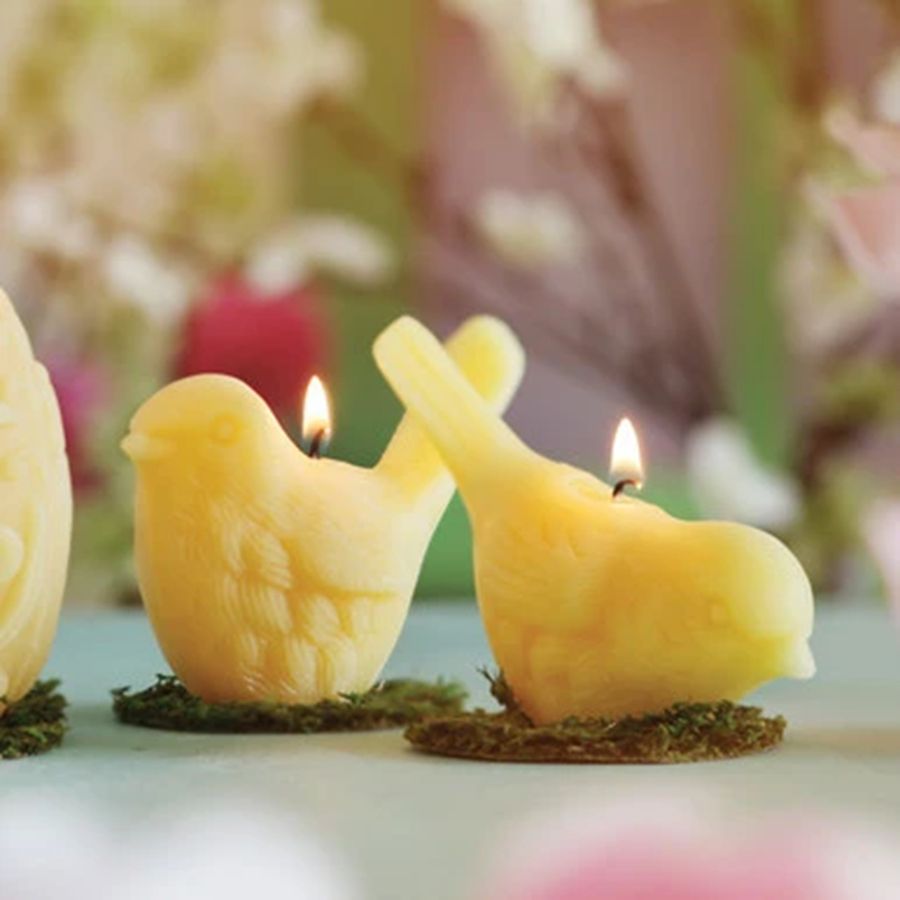 Two bird-shaped candles on a decorative surface with a blurred floral background