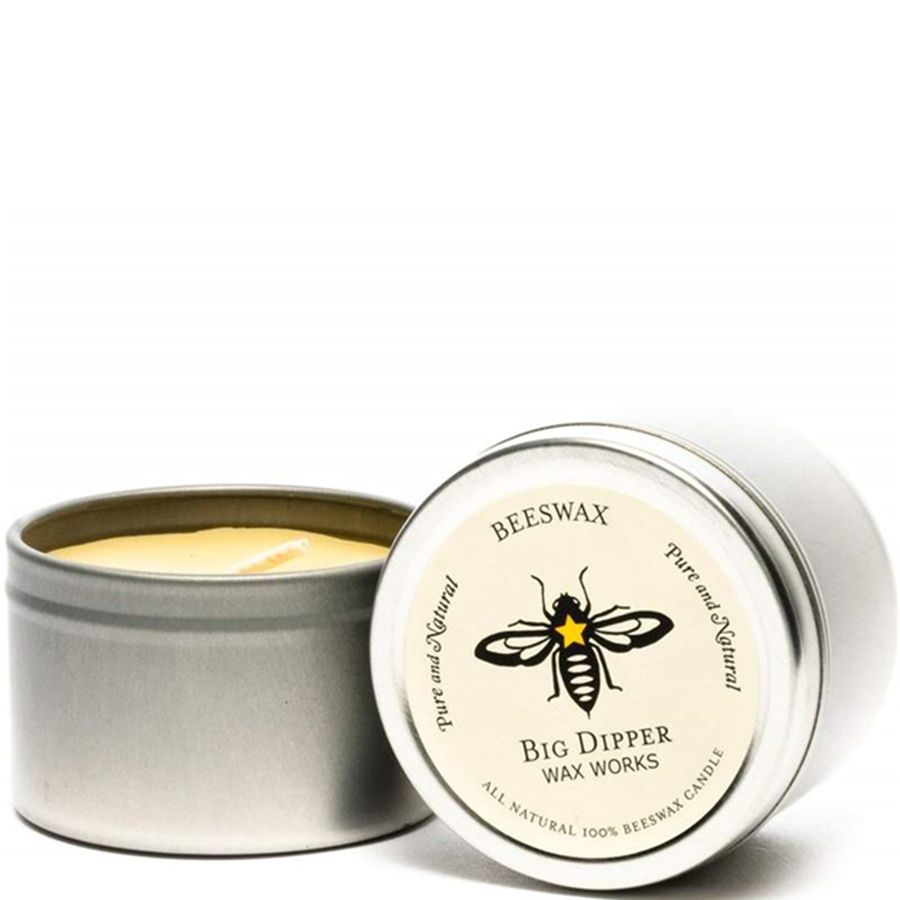 Beeswax candle in a metal tin with 'Big Dipper Wax Works' branding on a white background