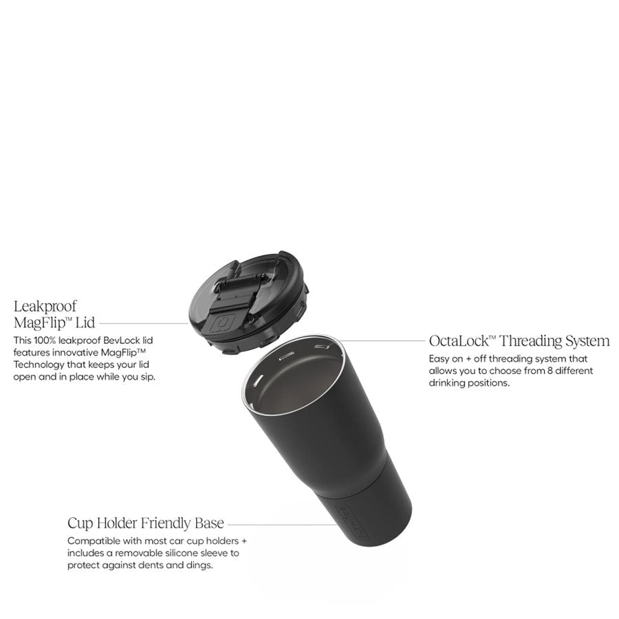 Leakproof MagFlip Lid and OctraLock Threading System with a non-slip base and comfort grip handle.