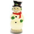 Decorative snowman figurine with a red scarf, green gloves, and black top hat on a white background.
