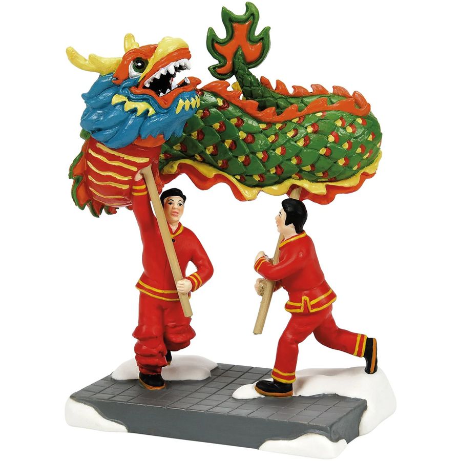 Colorful dragon dance figurine with two dancers in red costumes on a white background