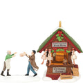 Decorative Christmas scene with a turkey auction stand and two figures on a white background