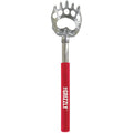 Telescopic back scratcher with bear paw design and red handle on a white background