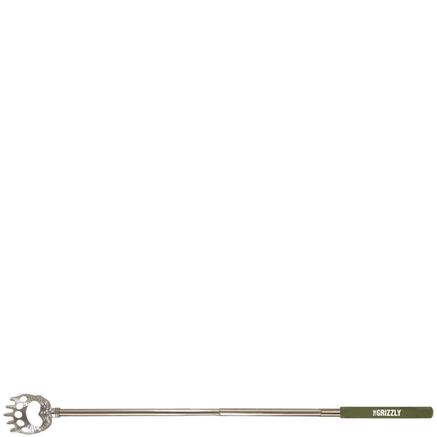 Back scratcher with a olive handle labeled 'Grizzly' on a white background
