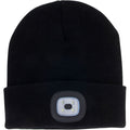 Black beanie with a built-in LED light on a white background