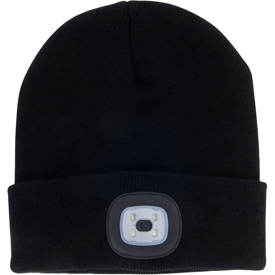 Black beanie with a built-in LED light on a white background