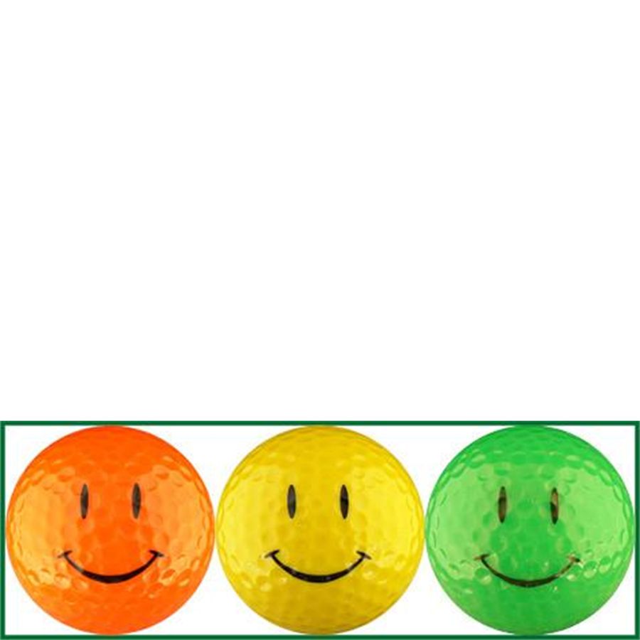Three smiley face golf balls in orange, yellow, and green on a white background.