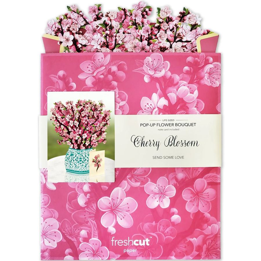 Pop-up flower bouquet packaging with cherry blossom design on a pink floral background