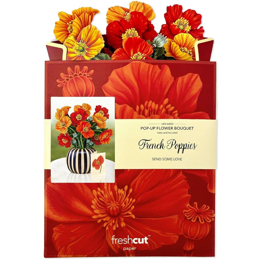 Pop-up flower bouquet packaging with red and orange flowers, featuring 'fresh cut' branding.