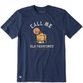 A navy blue short-sleeve t-shirt with a vintage-style graphic of an iced cocktail with an orange slice and cherry, accompanied by the text 'CALL ME OLD FASHIONED' and 'LIFE IS GOOD'.