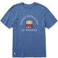 A heather blue crewneck t-shirt featuring a graphic of a whiskey glass with the text 'EASILY DISTRACTED BY WHISKEY' and 'LIFE IS GOOD' printed on the front.