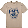 Beige t-shirt with blue graphic of a bear and text on a white background