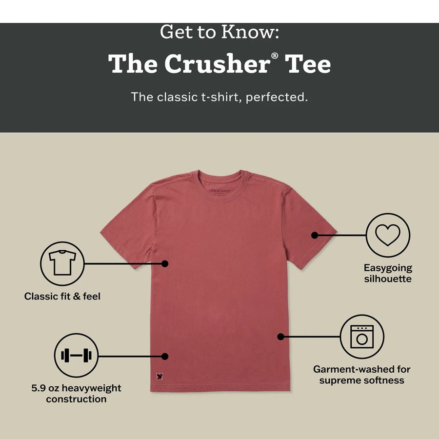 Red t-shirt with features labeled on a beige background