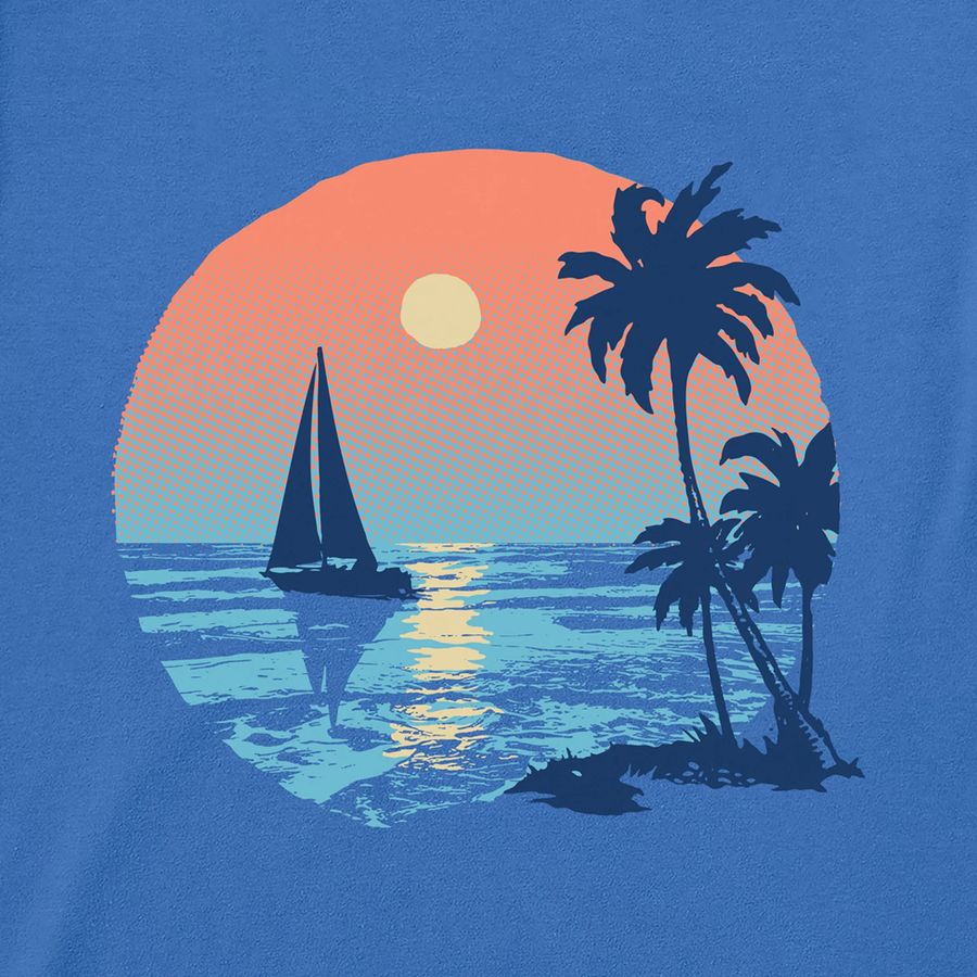Sailboat and palm trees against a sunset sky on a blue t-shirt.