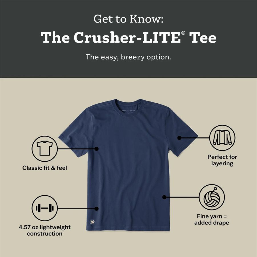 Navy blue t-shirt with features labeled on a beige background