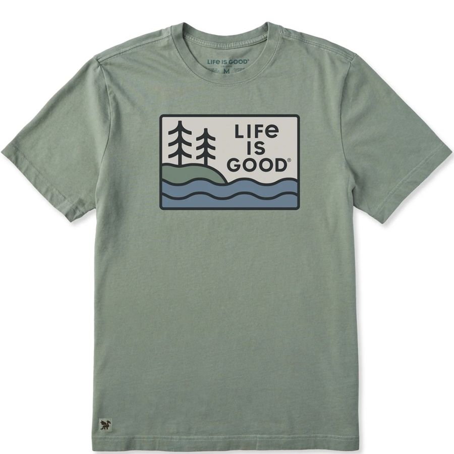 Green t-shirt with 'Life is Good' logo on a white background