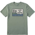 Green t-shirt with 'Life is Good' logo on a white background