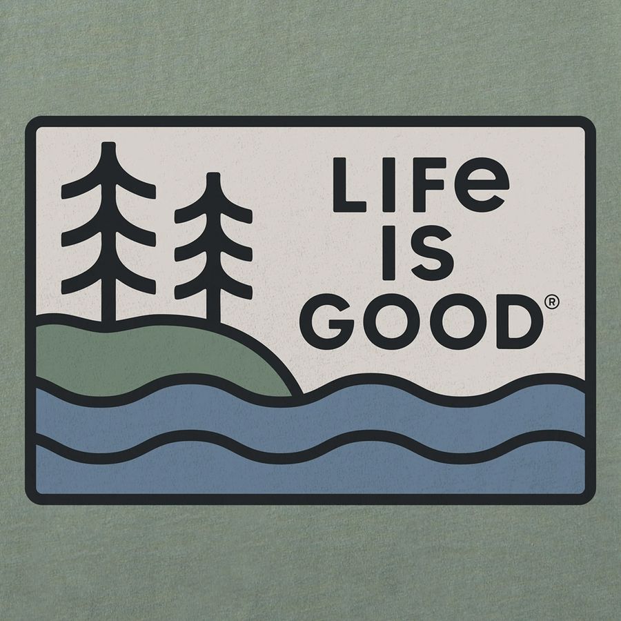Life is Good logo with trees and water on a green background