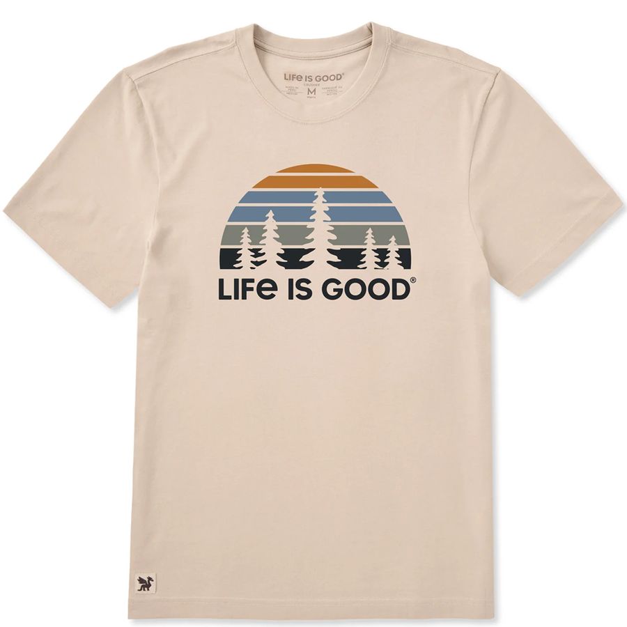 Beige t-shirt with 'Life is Good' graphic design on a white background