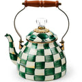 Decorative teapot with green and white checkered pattern on a white background