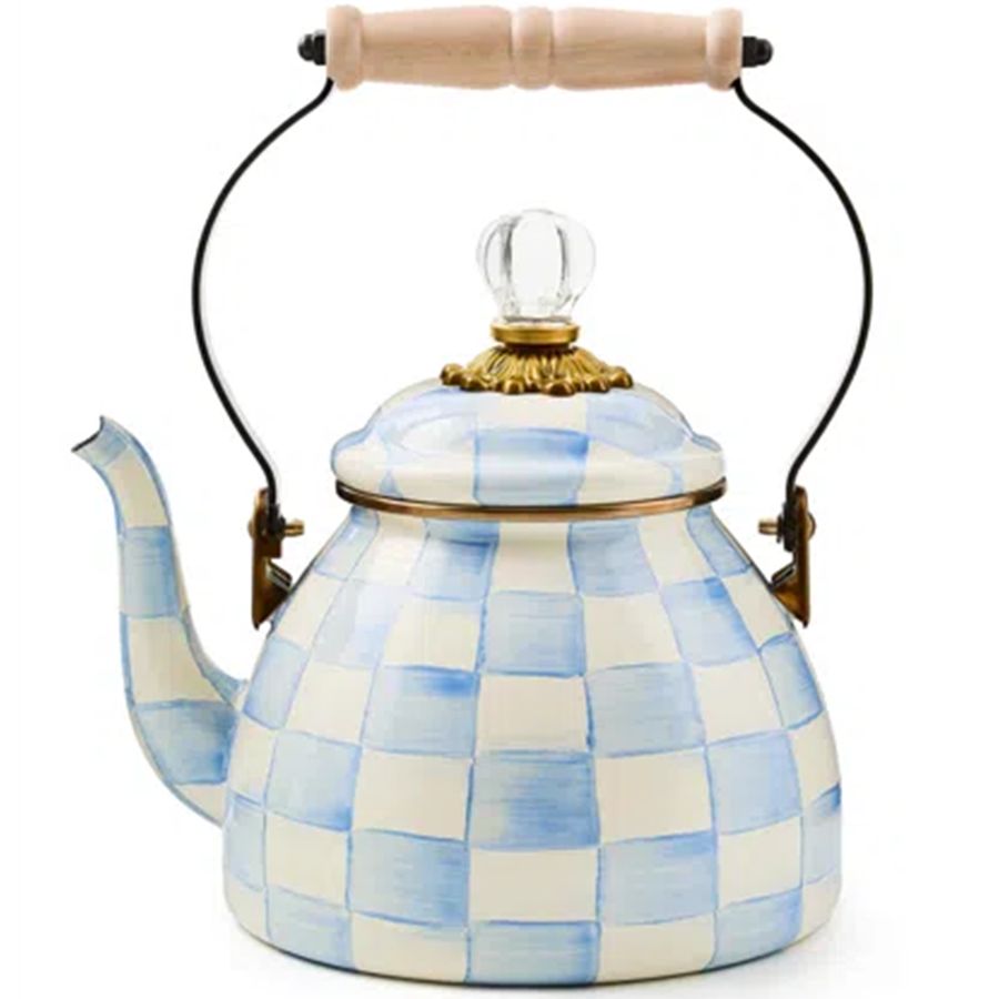 Checkered teapot with a wooden handle on a white background